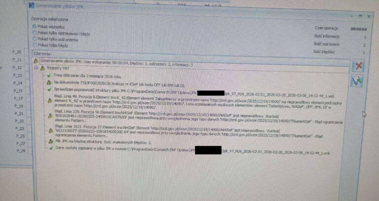 JPK_V7(3) w Comarch ERP Optima 2026 – błąd „brak NrKSeF lub kodu OFF/BFK/DI”. Jak naprawić?