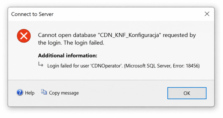 Cannot open database CDN_KNF_Konfiguracja – czyli co zrobić, gdy Comarch ERP Optima nie startuje